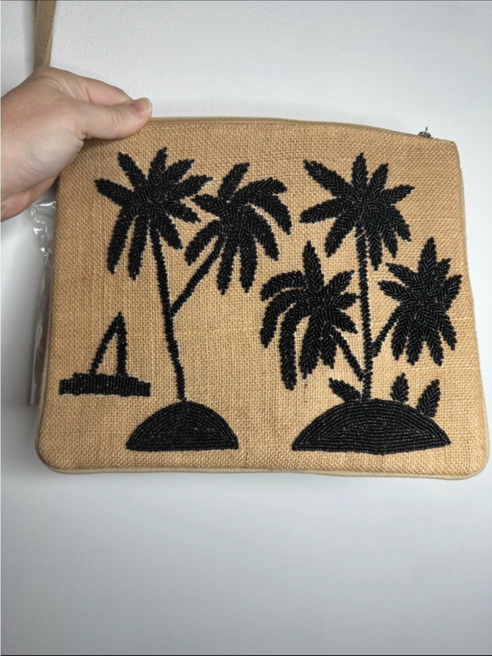 Holiday Beaded Palm Tree Clutch - Black on Natural